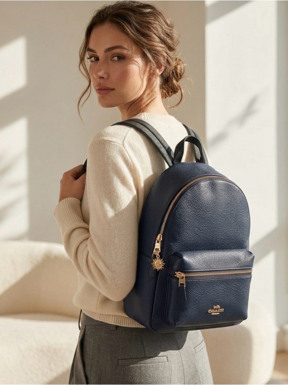 Coach Court Mini Backpack 80550 Navy Pebbled Leather Gold Hardware